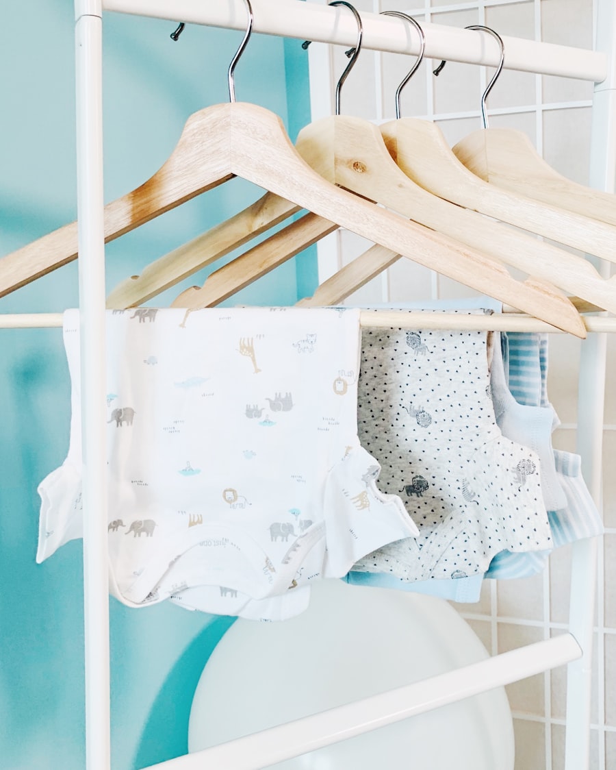 Organic cotton bodysuits on hangers